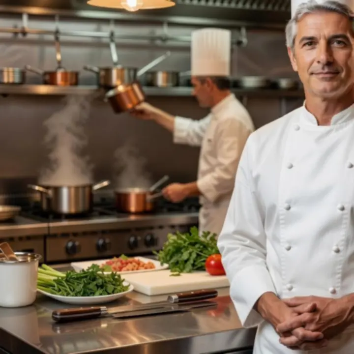 Portret szefa kuchni w eleganckiej kuchni restauracyjnej