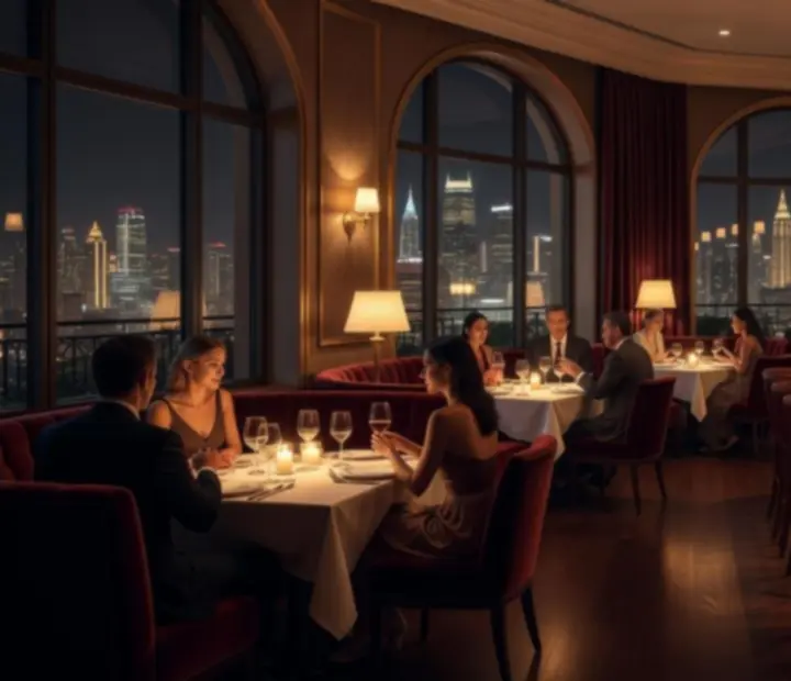 Wieczorna atmosfera przy dużych oknach w restauracji