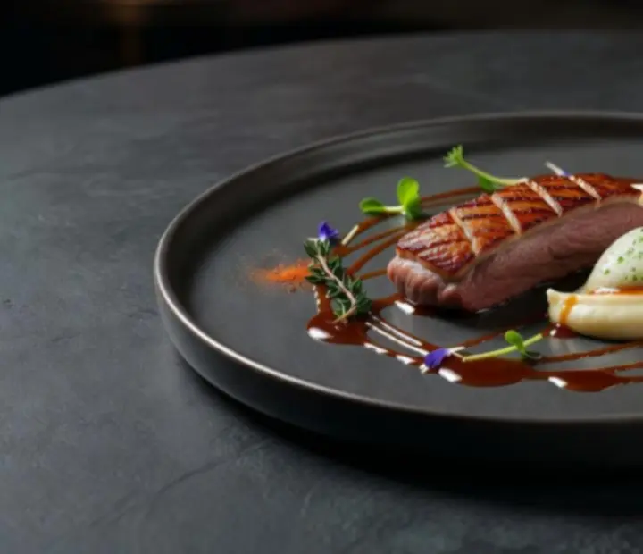 Zbliżenie na artystycznie podane danie fine dining na ciemnym talerzu