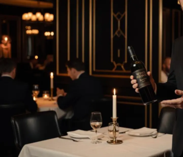 Sommelier prezentujący butelkę wina przy eleganckim stoliku