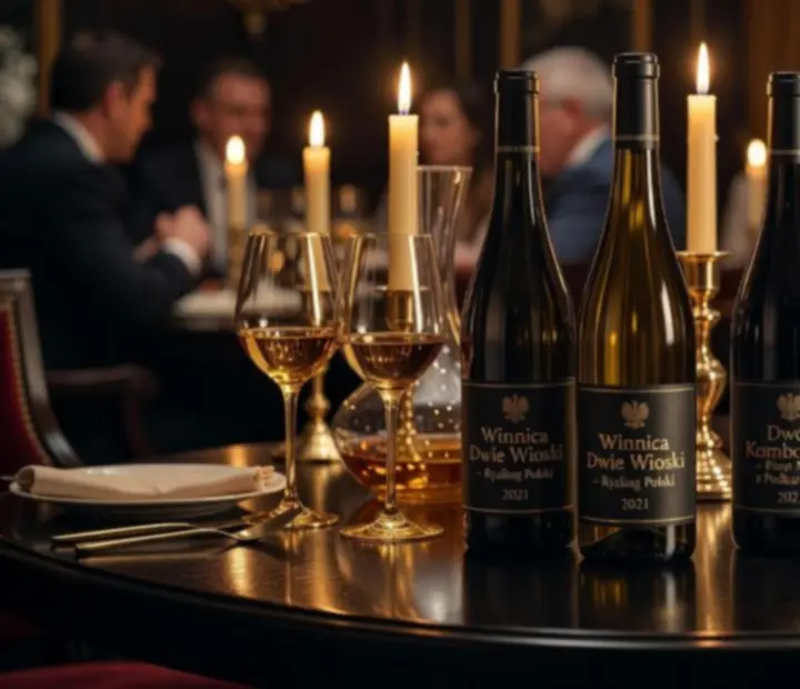 Polskie butelki wina ustawione na eleganckim stole restauracyjnym