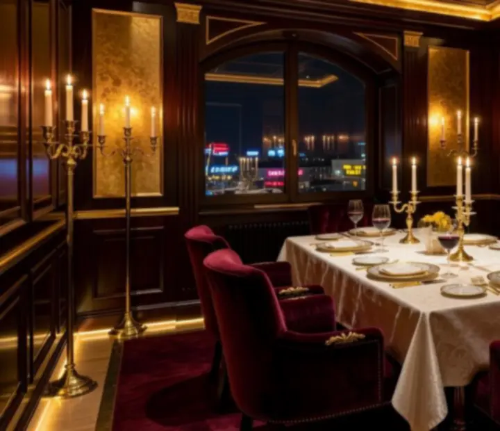 Kameralna prywatna sala restauracyjna z elegancko nakrytym stołem i nastrojowym światłem