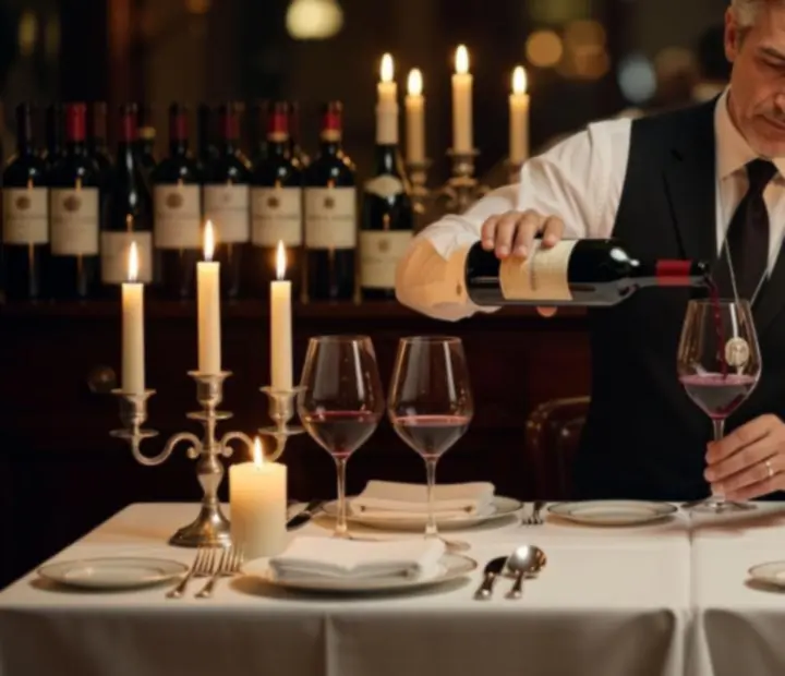 Sommelier serwujący wino do kolacji degustacyjnej