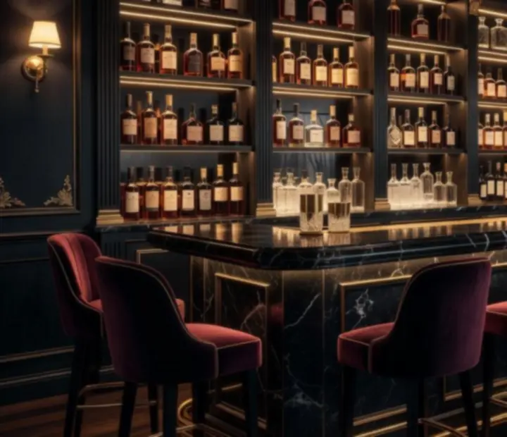 VIP bar z nastrojowym złotym światłem, butelkami trunków i elegancką ladą