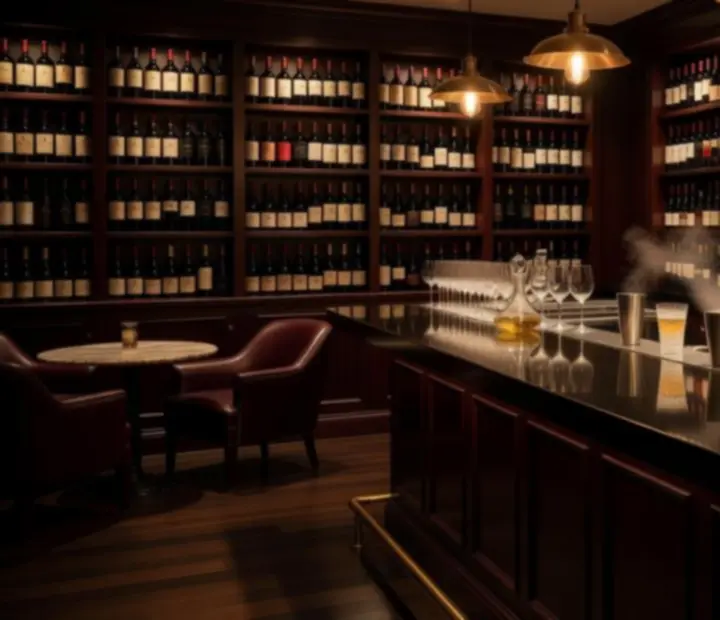 Elegancki bar z podświetloną ścianą win i kryształowymi kieliszkami